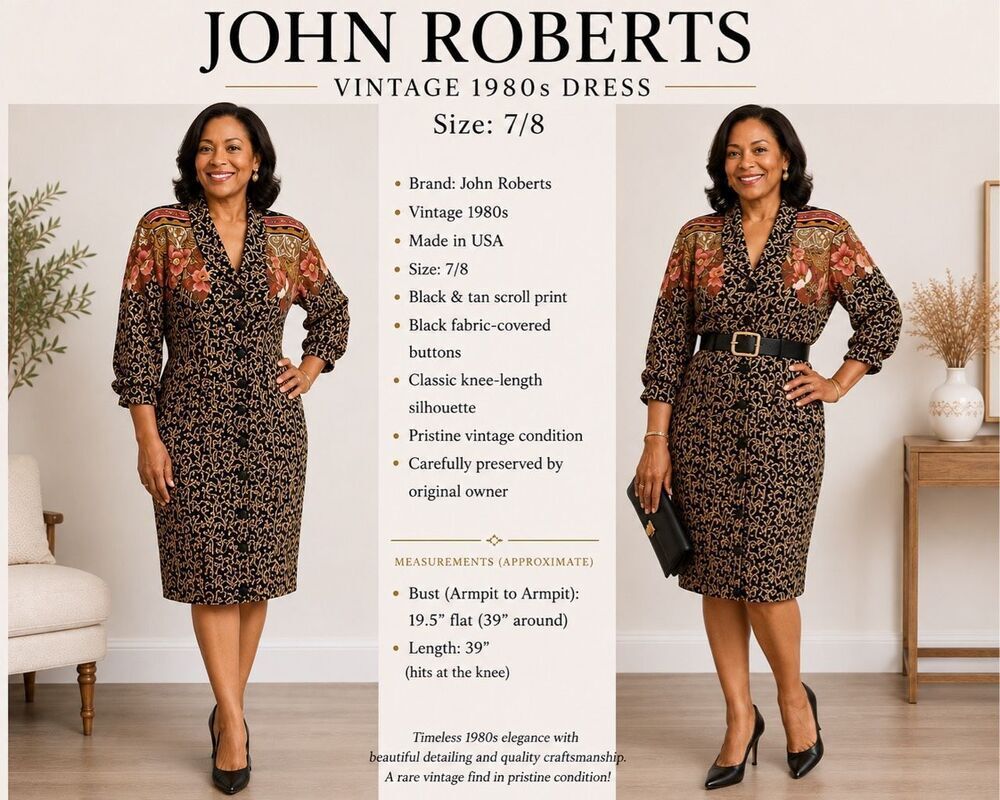 Vintage 1980s John Roberts Black Tan Print Dress Size 7/8 Made USA Fabric Button